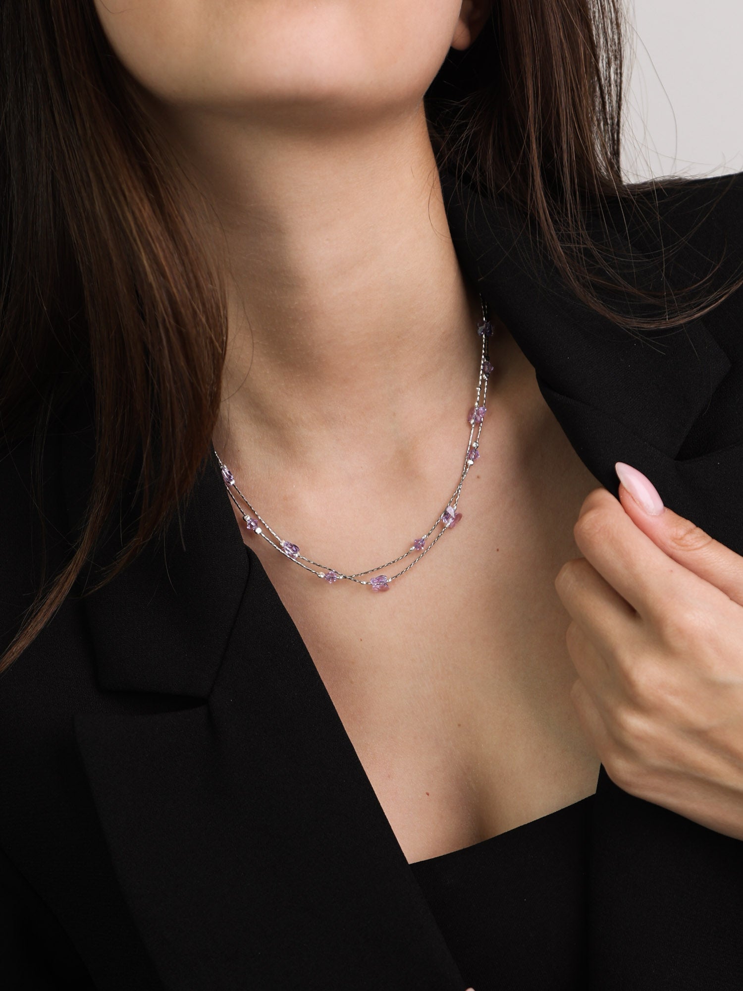 Double butterfly necklace in 925 silver with violet crystals