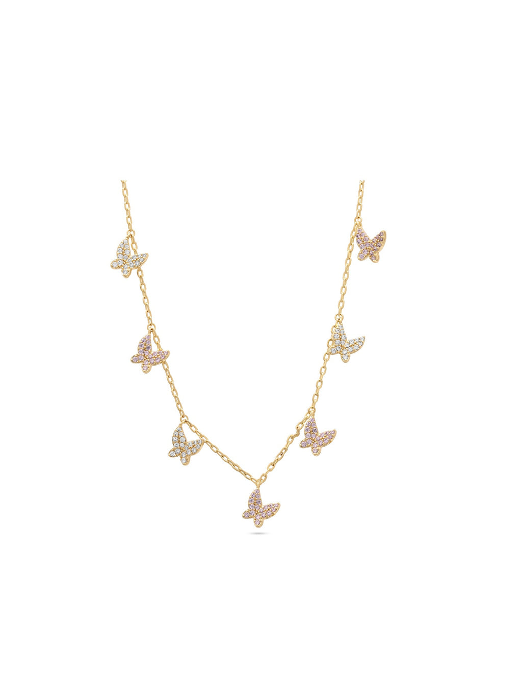 Gold-plated butterfly charm necklace with pink zirconias