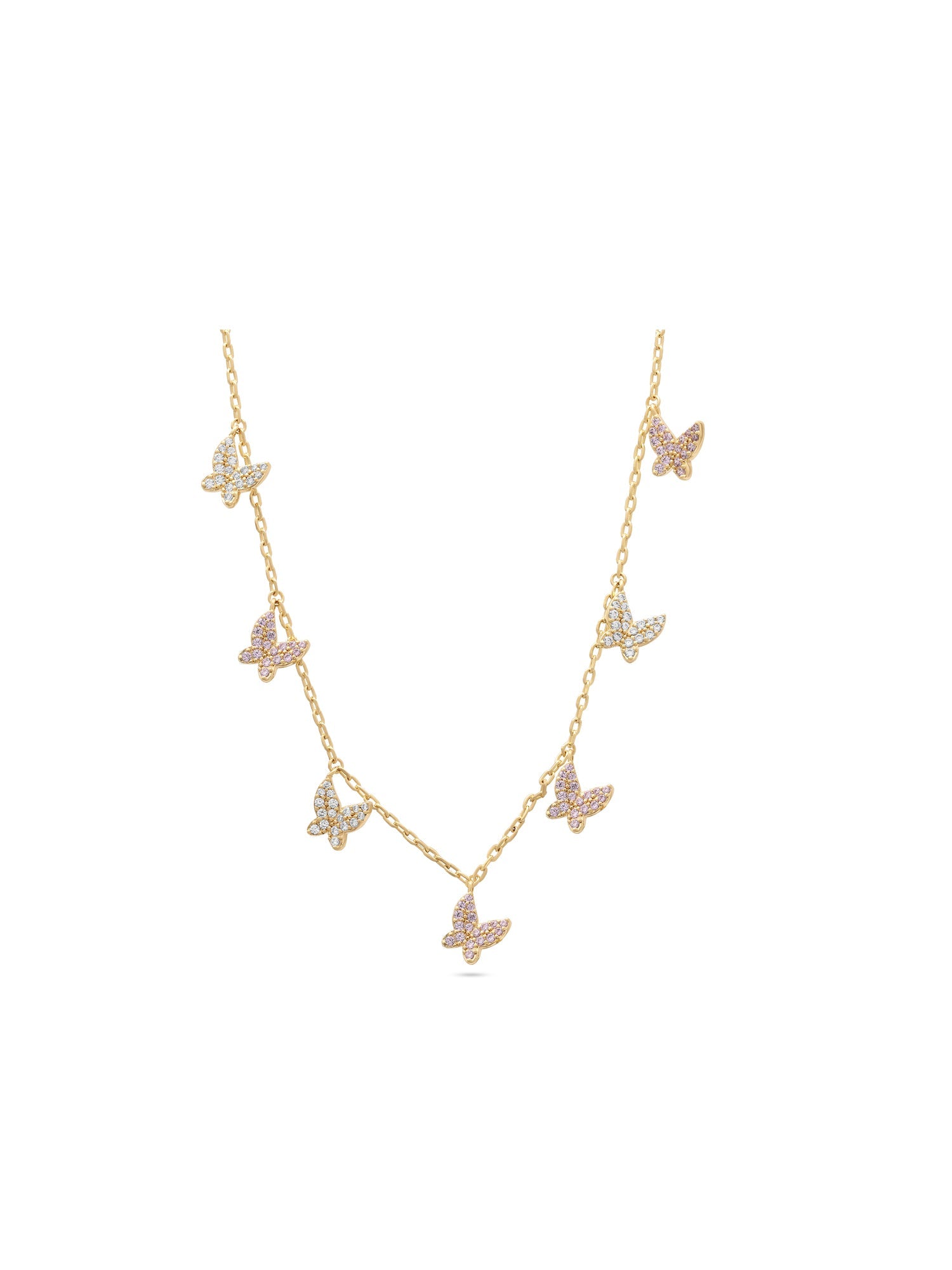 Gold-plated butterfly charm necklace with pink zirconias