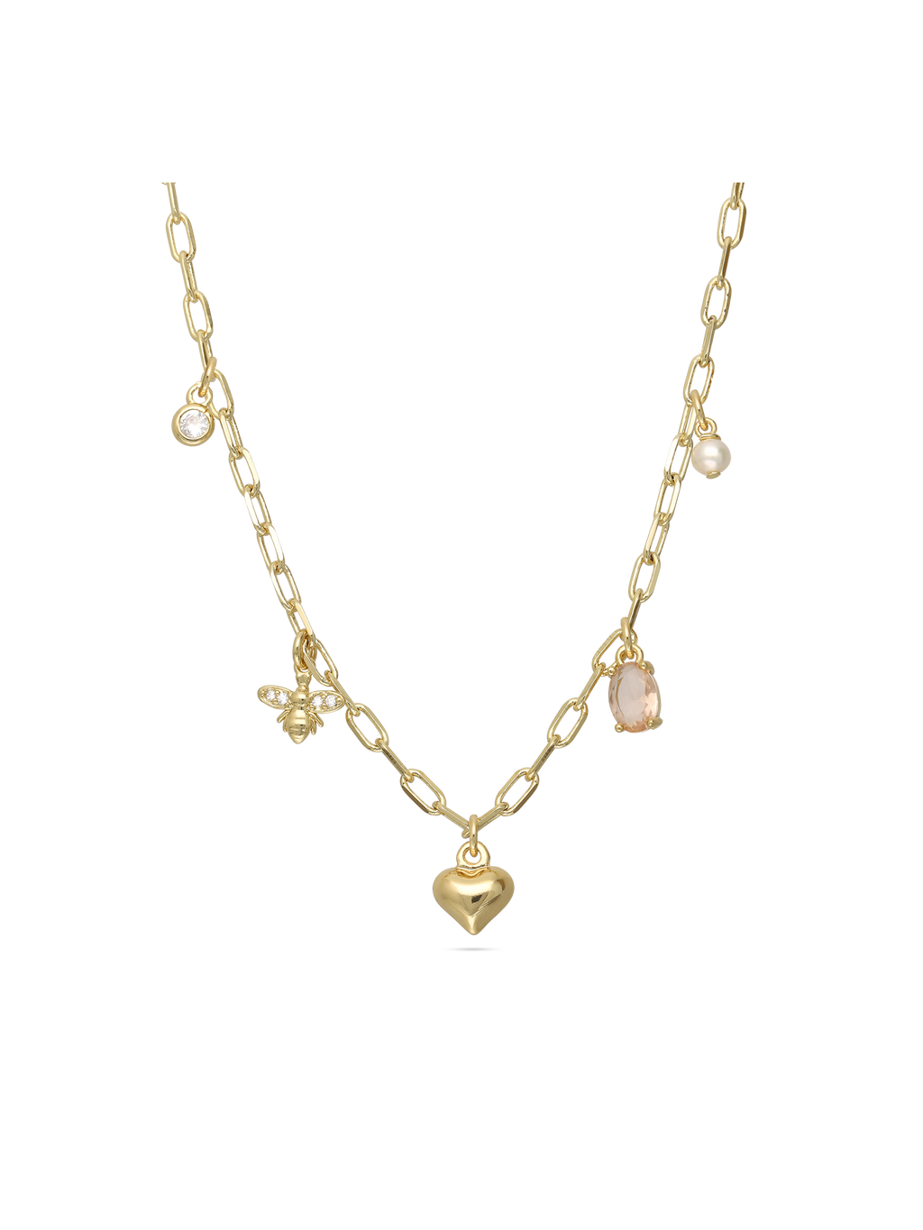 Gold-plated charm necklace with zirconia and pearl