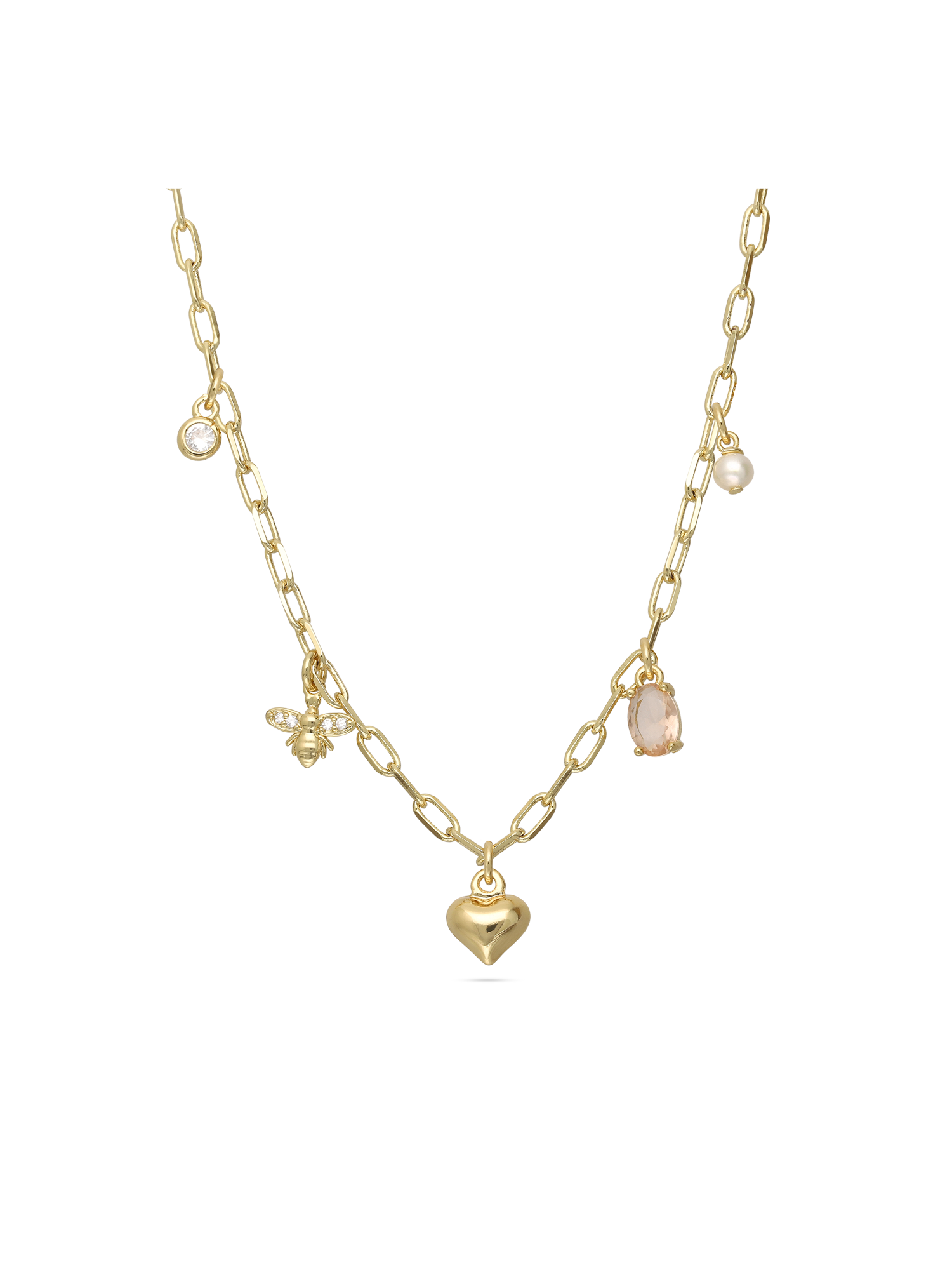 Gold-plated charm necklace with zirconia and pearl